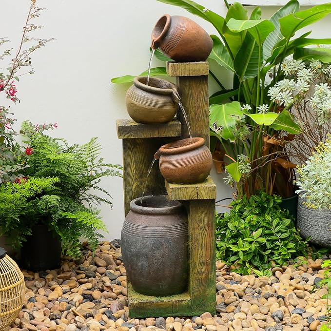 Outdoor Water Fountain with LED Lights, 4-Tier Cascading Waterfall Fountain, Rustic Wood Barrel Resin Outdoor Water Fountain for Garden Patio Backyard Porch Indoor Decor, 36.6" H