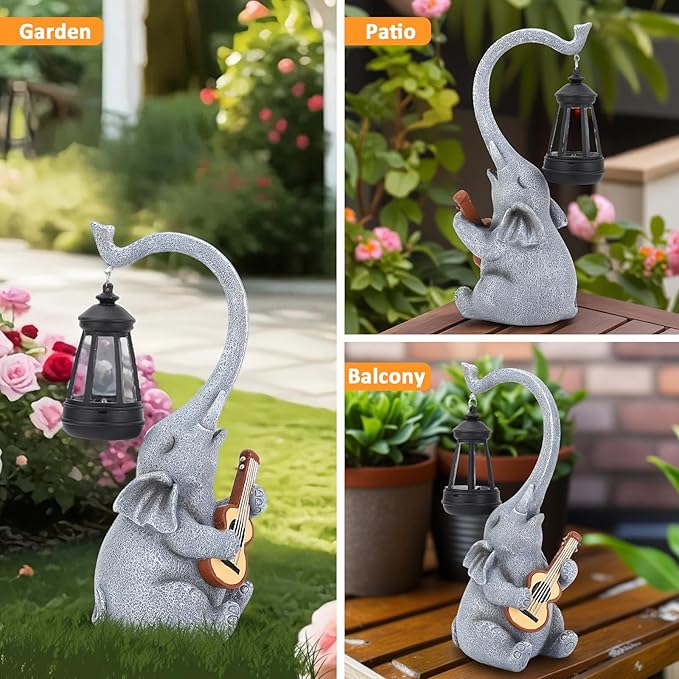 Solar Garden Decor Elephant Statue Lights, Outdoor Shatter-Resistant Resin Garden Statue Decoration for Yard Lawn Home, Unique Birthday and Housewarming Elephant Gifts for Women Mom