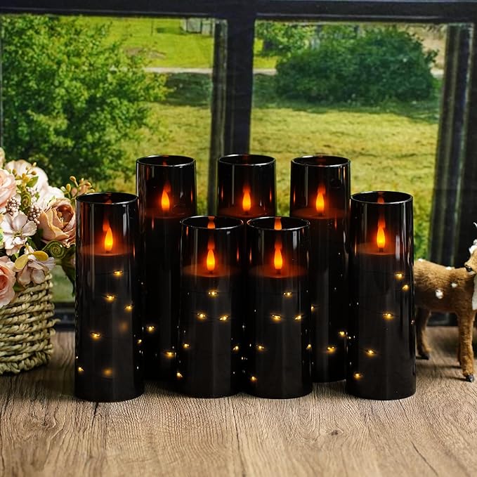 Flameless Candles with Embedded Star String, Battery Operated LED Pillar Candles with Timer and Remote Control,Home Decorating for Ambiance, Set of 7(Black)