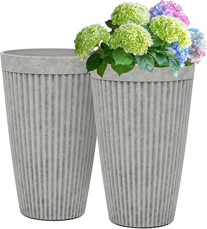 20" Tall Planters Set of 2, High-Density Resin Fluted Outdoor Pots for Plants, Versatile Indoor/Outdoor Flower Pots w/Drainage Holes for Patio, Garden, Porch & Living Room Decor, Ideal Gift