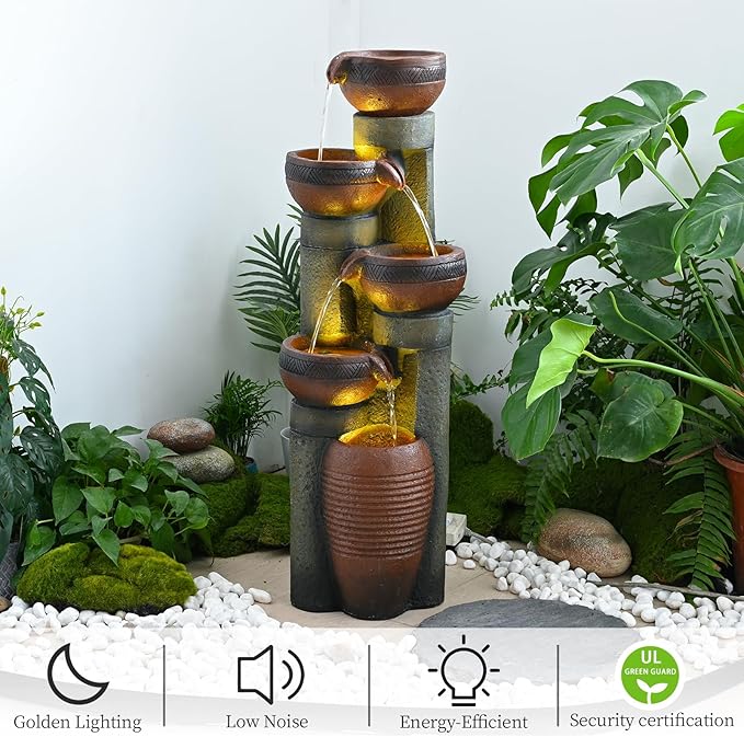 39.7’’H 5-Tier Relaxing Outdoor Indoor Garden Water Fountain Decor - for Contemporary Design for Garden, Patio, Deck, Porch, Backyard and Home Art Decor Brown