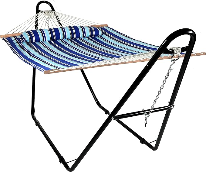 Sunnydaze Double Quilted Fabric Hammock with Universal Steel Stand - 450-Pound Capacity - Black Stand - Catalina Beach - Image 10