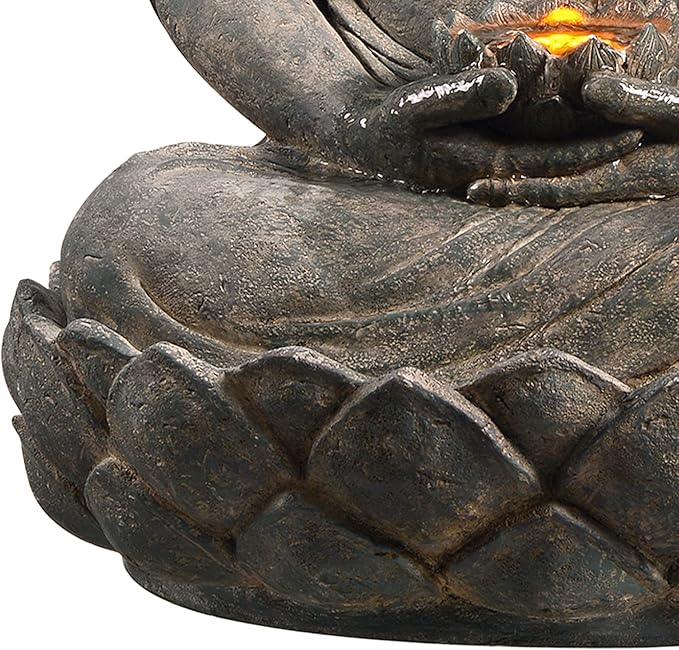 Teamson Home Buddha Zen Statue Water Fountain with LED Light and Pump for Outdoor Patio Garden Backyard Decking, 28 Inch Height, Stone Gray