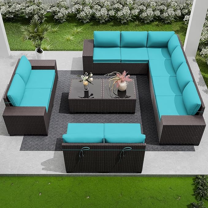 12 PCS Outdoor Patio Furniture Set,Outdoor Sectional Furniture All Weather PE Rattan Wicker Patio Conversation Set with 2 Coffee Tables and 10 Thickened Cushions,Turquoise Blue