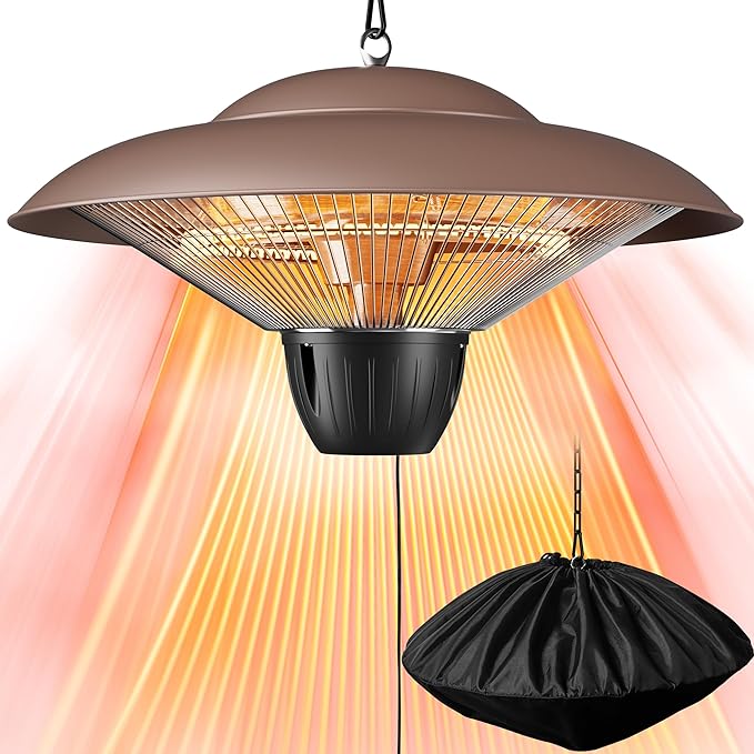 Patio Heater for Outdoor Use 1500W Electric Infrared Hanging Heater, Ceiling Mounted, Waterproof for Porch, Garage, Balcony, Overheat Protection (Brown)