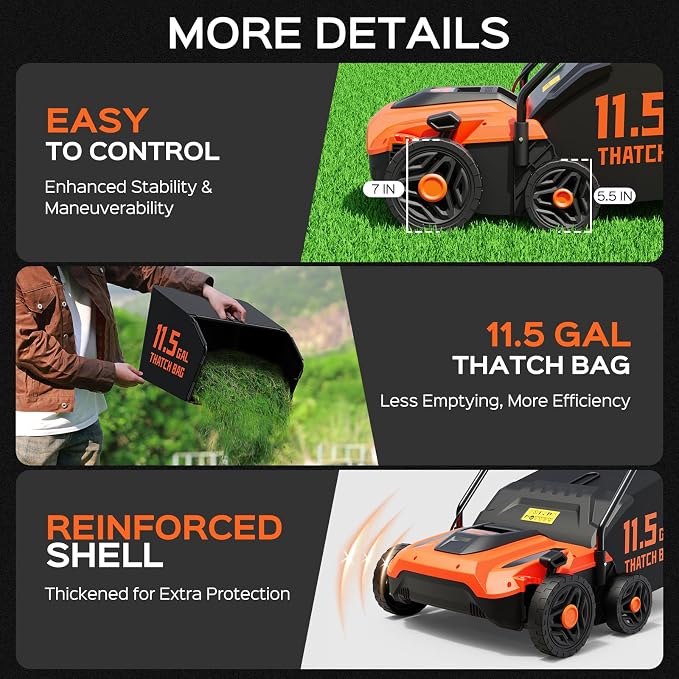 TIECTOWN 14-Inch 13.5 Amp 2-in-1 Electric Dethatcher and Scarifier with 11.5-Gallon Collection Bag, Lawn Dethatcher with 5-Position Depth Adjustment, Blade Replacement Without Tool - Orange - Image 6