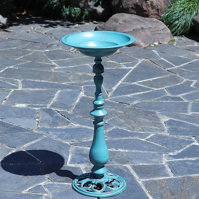 26.6”H×12.3" W Cast Iron Pedestal Bird Bath,Metal Birdbaths Bird Feeder Seed Tray for Garden Yard Decor -Blue.