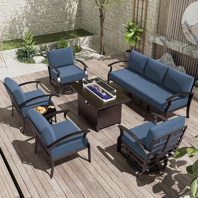 Patio Furniture Set 7-Piece Aluminum Armrest Sofa, Modern Outdoor Living Room Set with 55000 BTU Propane Aluminum Fireplace, Outdoor Rotary Joystick with Thick Cushion