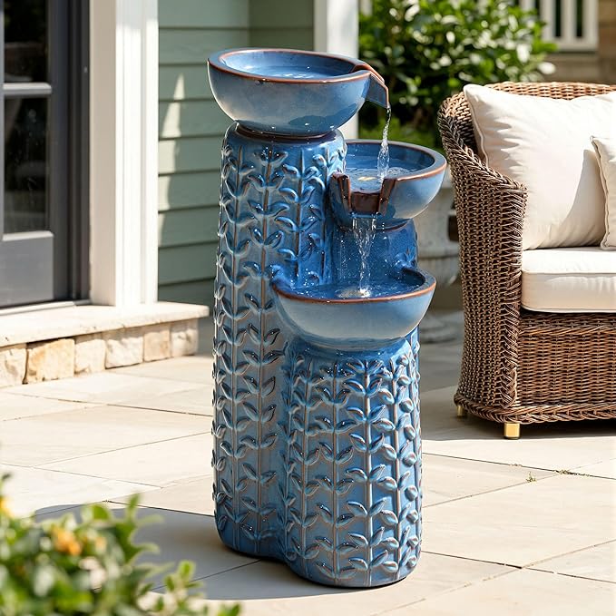 28" H Ceramic Outdoor Water Fountain with LED Lights, 3-Tier Cascading Bowls Water Feature, Tranquil Waterfall for Relaxing Garden, Patio, Yard, or Porch, Turquoise, Embossed Leaf Patterns