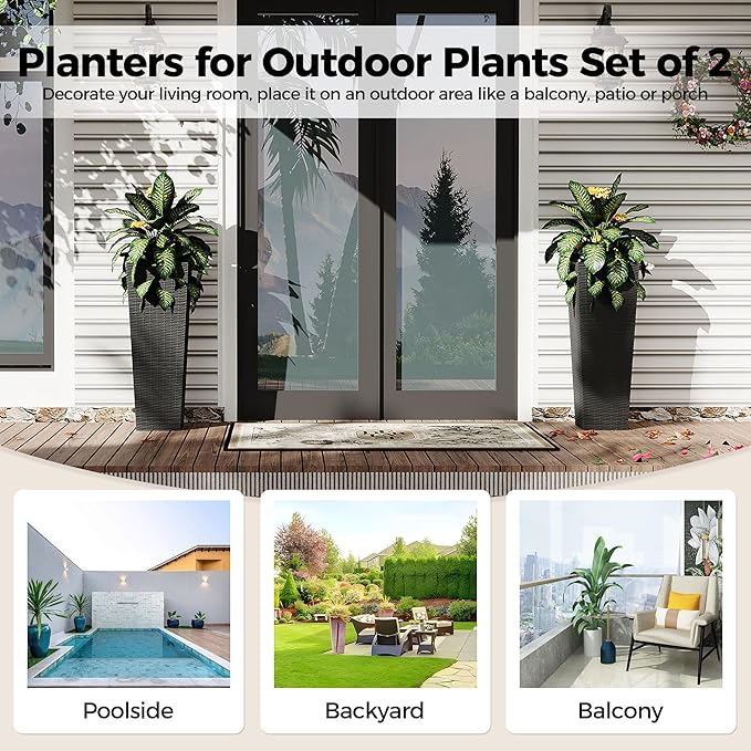 2 Pack Large Planters for Indoor Plants, Outdoor 32 inch Tall Tree Planter with Drainage Holes, Plant Pots for Trees Flowers, All-Weather Use with Removable Insert Bucket for Porch, Patio, Black