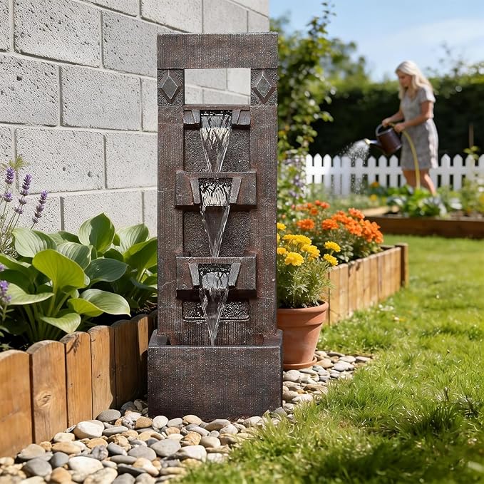 40.9" H Indoor Outdoor Modern Water Fountain with Lights & Pump, 4-Tier Cascading Outdoor Patio Waterfall Fountain for Garden, Porch, Yard, Landscape, Indoor Décor, Brown Vintage Wood-Look