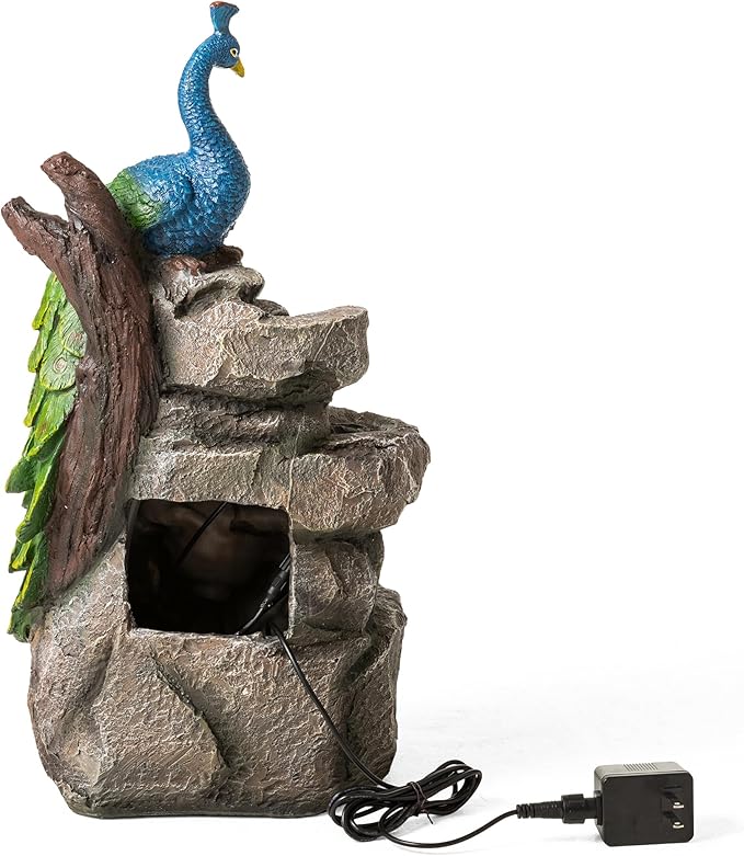 Glitzhome Outdoor Water Fountain,20.5" H Polyresin Outdoor Fountain with Lights, 4-Tierd Peacock W/Stacked Stone Decorative Waterfall Feature Garden Fountain with Pump for Garden, Patio, Porch Decor