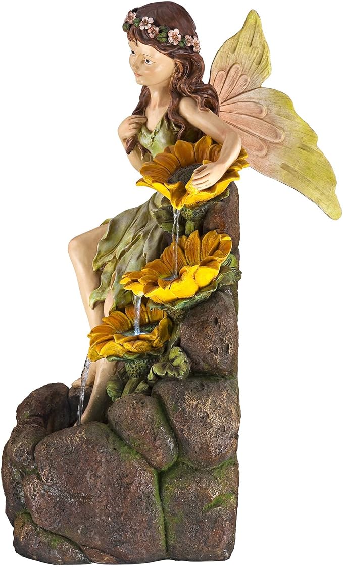 Garden Fairy with Sunflowers 26" High Large Modern Indoor Outdoor Cottage Core Decor Faux Stone Floor Fountain with Light LED Cascading Water Feature for Outside Patio Yard Backyard - John Timberland