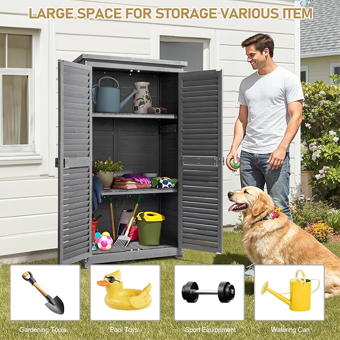 Outvita Outdoor Storage Cabinet, 63in Wooden Garden Tools Shed with 2 Lockable Doors, 3 Adjustable Shelves, Waterproof Roof for Yard Garge Patio Deck Porch(Grey) - Image 7