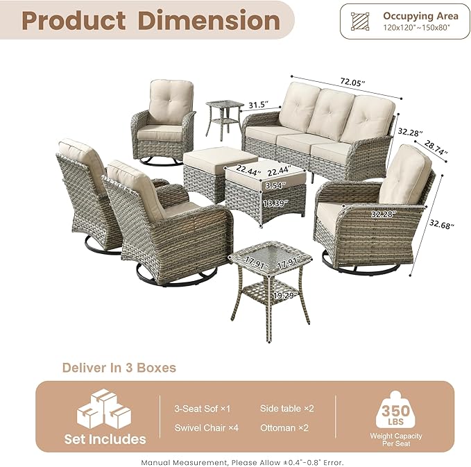 HOOOWOOO Outdoor Patio Furniture Set with Swivel Chairs,9 Pieces Wicker Conversation Set,All Weather High Back Couch Sofa Rocker Chairs Ottomans Set,Beige