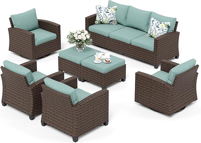 Swivel Glider Patio Furniture Set Outdoor Furniture Brown Wicker Rattan Patio Conversation Sets with Cushion Outside Sofa Set,7 Pieces 9 Seats,Blue