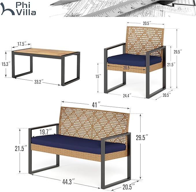 PHI VILLA Patio Wicker Furniture Set for 4, Yellow Rattan Loveseat & Chairs with Blue Cushions & Acacia Wood Coffee Table, Outdoor Modern Conversation Sofa Set for Deck, Yard, Porch