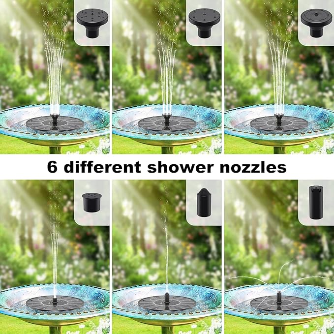 Solar Water Fountains,Solar Powered Bird Bath Fountain with 6 Nozzles - Free Standing Floating Solar Fountains for Bird Bath, Garden, Pond, Pool (Black-1.4W)