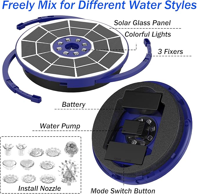 AISITIN 3.5W Solar Fountain Pump with LED Colorful Lights & 3000mAh Battery, Solar Bird Bath Fountain with 10 Nozzles, Solar Water Pump for Garden, Pond and Outdoor (Purple)