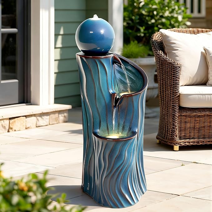 32" H Ceramic Outdoor Water Fountain with LED Lights, 3-Tier Cascading Sphere Water Feature, Tranquil Waterfall for Relaxing Garden, Patio, Yard, or Porch, Turquoise, Dynamic Wave-Texture