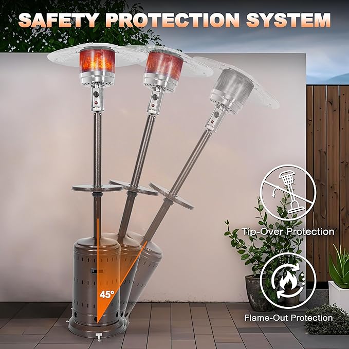Nuu Garden Outdoor Propane Gas Patio Heater with Liftable Drink Stand and Wheels, 304 Stainless Steel Burner Patio Heater for Backyard, Garden, Porch, Brown