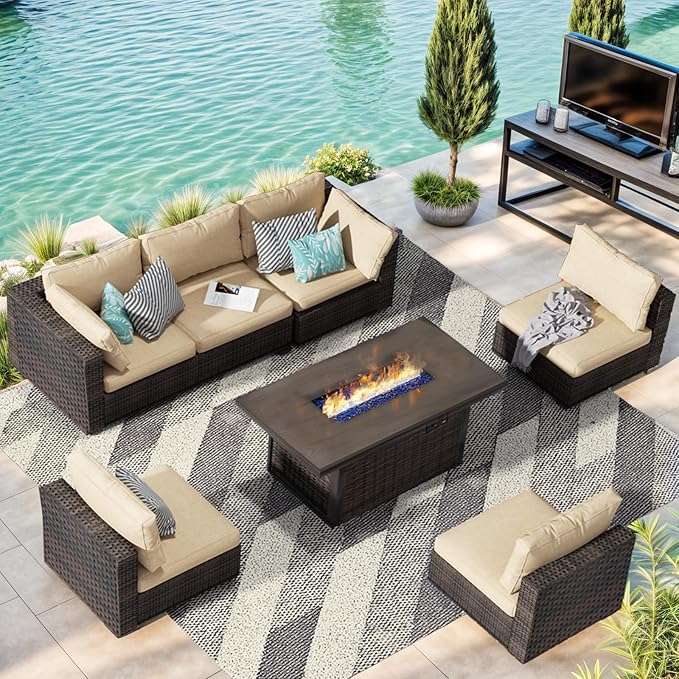 Grezone 7 Piece Patio Furniture Set with 44" Fire Pit Table, Outdoor Sectional Couch, PE Rattan Patio Conversation Sets with 4inch Cushions for Backyard Beige