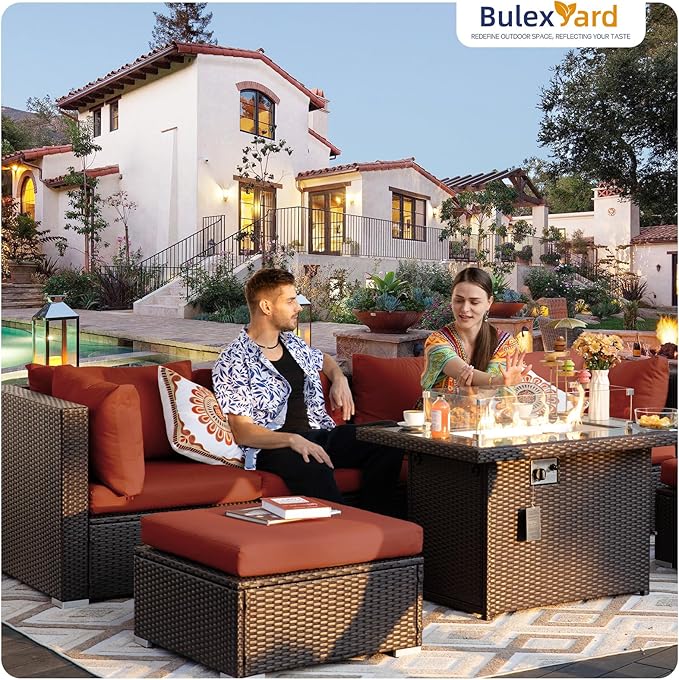 BULEXYARD 9 Piece High Back Outdoor Sectional Couch Set with Fire Pit, Luxury Weather-Resistant Patio Furniture Set, Comfy Extra Large 8-Person Backyard Seating Group L-Shape for Exterior, Brown & Red