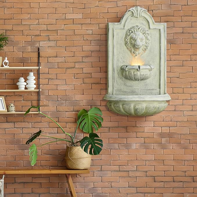 Lion Head Wall Hanging Fountain, 27.5" H Classic Outdoor Wall-Mounted Water Feature, Resin Antique Garden Wall Fountain with LED Light & Water Basin for Patio, Porch, Yard & Courtyard Décor