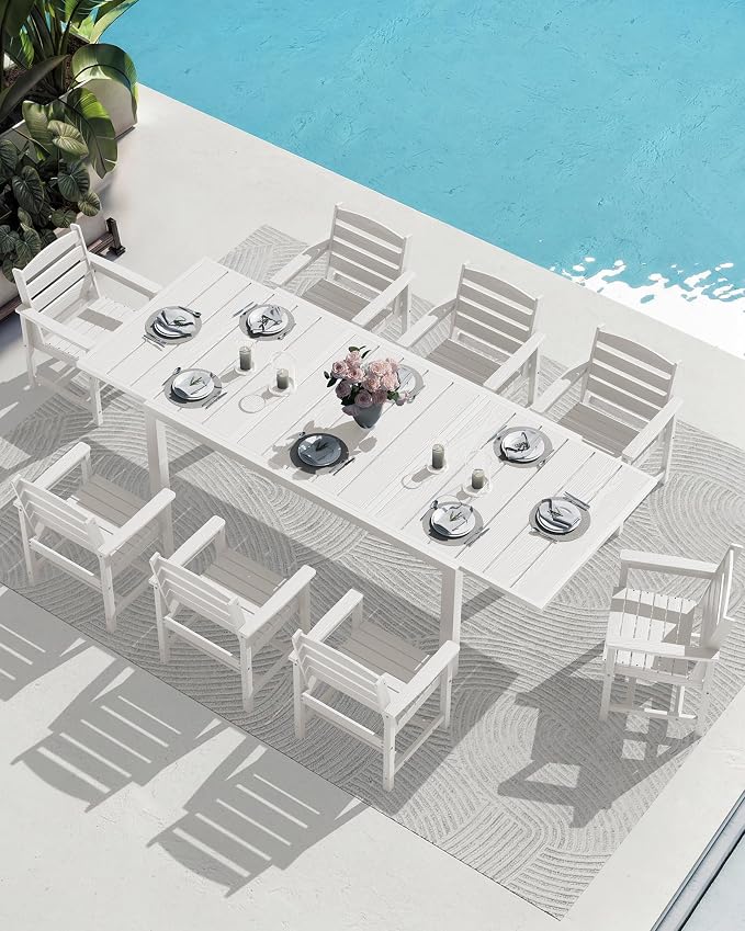 SERWALL 9-Piece Outdoor Dining Set, 60" - 83" Expandable Outdoor Dining Table and 8 HDPE Chairs, All Weather HDPE Outdoor Furniture Set for Backyard, Garden, White - Image 9
