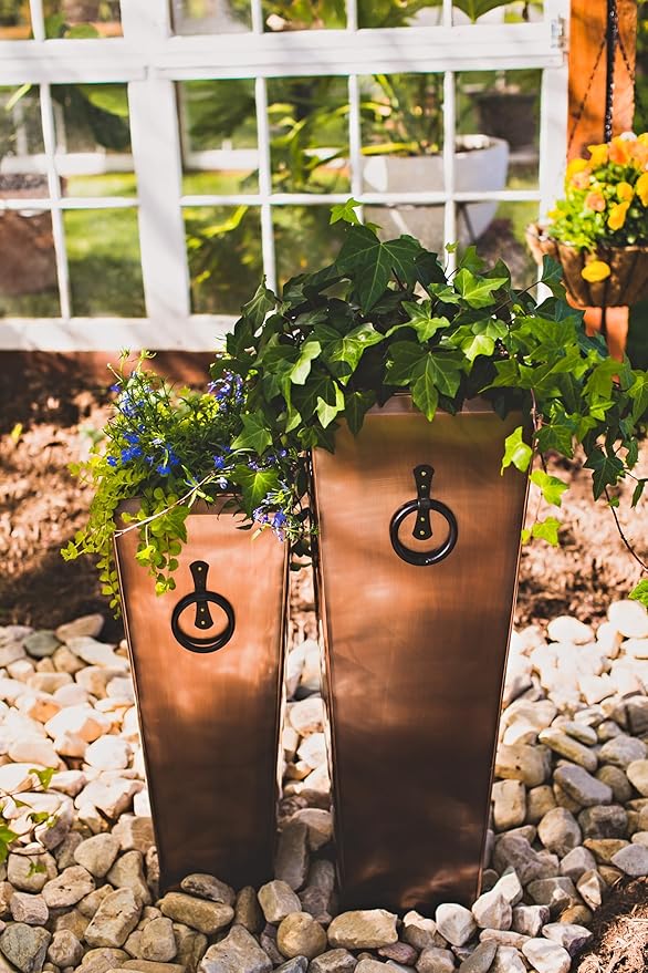 H Potter Tall Copper Planters Set of 2 – Antique Copper Hammered Stainless Steel Indoor Outdoor Planter with Insert & Drainage – Large Decorative Floor Planters for Entryway Porch Patio