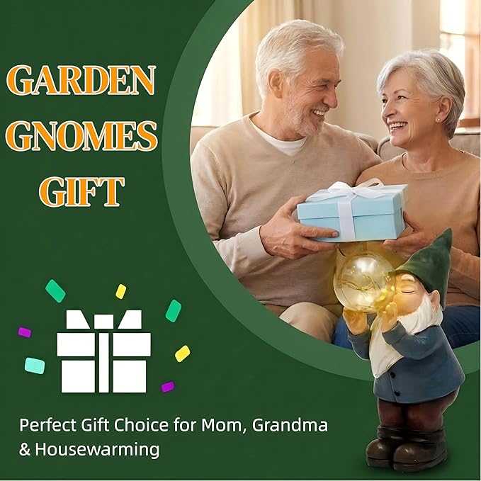 Solar Garden Gnome Statue with Light-Up Bubble, Whimsical Outdoor Decor Figurine with LED Fairy Lights for Patio, Lawn, Yard Art - Unique Waterproof Resin Gardening Gift
