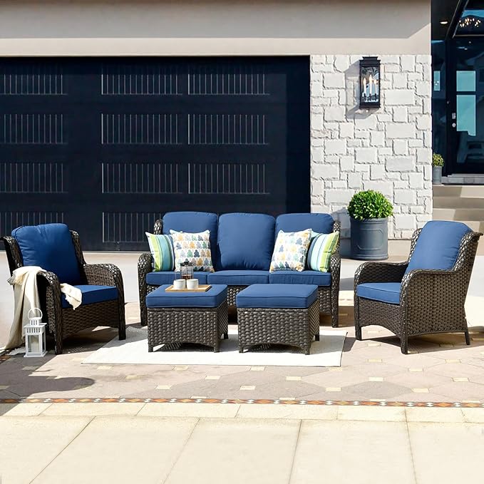 HOOOWOOO Patio Furniture Set,5 Piece Outdoor Furniture Set,Wicker Patio Conversation Couch Chairs Ottoman Set,Navy Blue