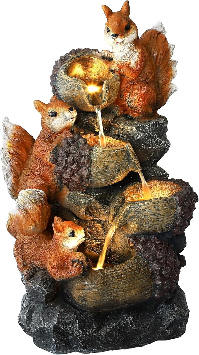 Outdoor Garden Water Fountain with Cascading Rock, 4-Tiers Fountains and Waterfalls with LED Lights,Indoor/Outdoor Morden Floor Standing Water Feature w/3 Squirrel Decor for Patio, Backyard