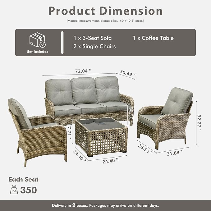 HOOOWOOO Outdoor Patio Furniture Set with Light Table,4 Pieces Wicker Conversation Set,All Weather High Back Couch Sofa Chairs Set,Charcoal Gray