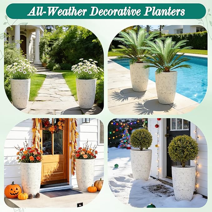 19.5" Resin Tall Planters for Outdoor Plants, Set of 2 Country White Large Flower Pots with Handmade Birch Bark Texture, Heavy-Duty and Weather-Resistant for Year Round Indoor Outdoor use