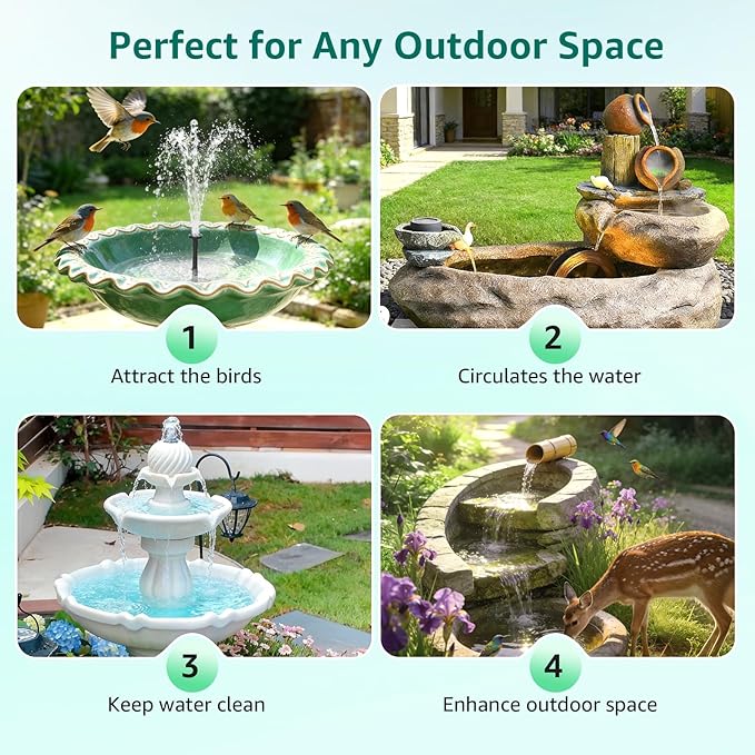 Solar Fountain Pump for Bird Bath, 4W Solar Water Fountain with 5 Spray Modes & 4ft Hose, 9.8ft Power Cord, Dry-Run Protection & Low Noise for Garden Small Pond Fish Tank DIY Water Feature