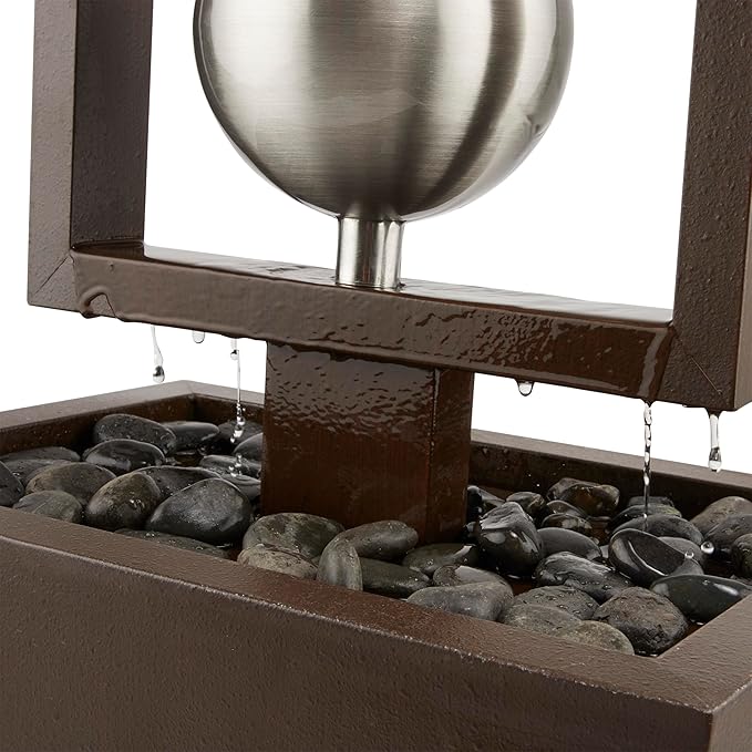 Alpine Corporation CPS194 Outdoor Modern Column Water Floor Fountain with Stainless Steel Orbs, 55" H, Brown