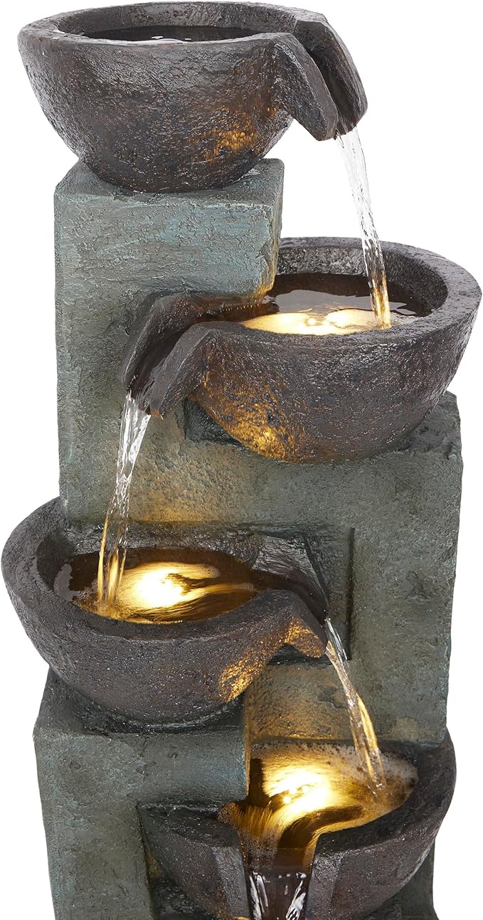 Alpine Corporation 39" Tall 5-Tier Bowls Waterfall Fountain with LED Lights, Elegant Outdoor Water Feature for Garden, Patio, Yard, Gray