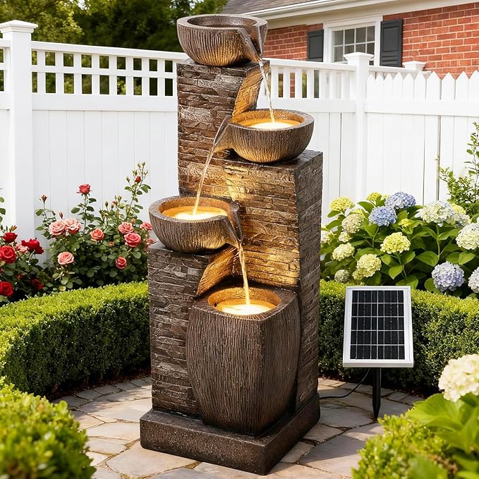 38.2" Tall Solar Water Fountain Outdoor Garden,Stone Texture Modern 4 Tiers Cascading Bowls Garden Fountains Outdoor,Suit for Patio, Deck, Porch, Lawns, Backyard and Home Art Decor