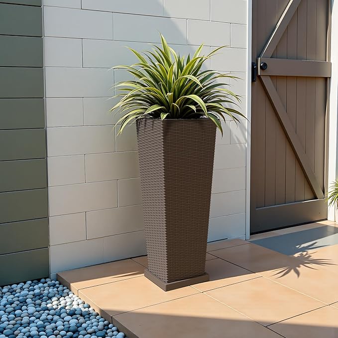 JUMMICO Set of 2 Resin Rattan Tall Planters for Outdoor Plants, Large Tapered Planters with Drainage Holes, Inner Trays and Outer Saucers, Flower Pots for Garden, Patio, Porch, Backyard (Brown, 32")