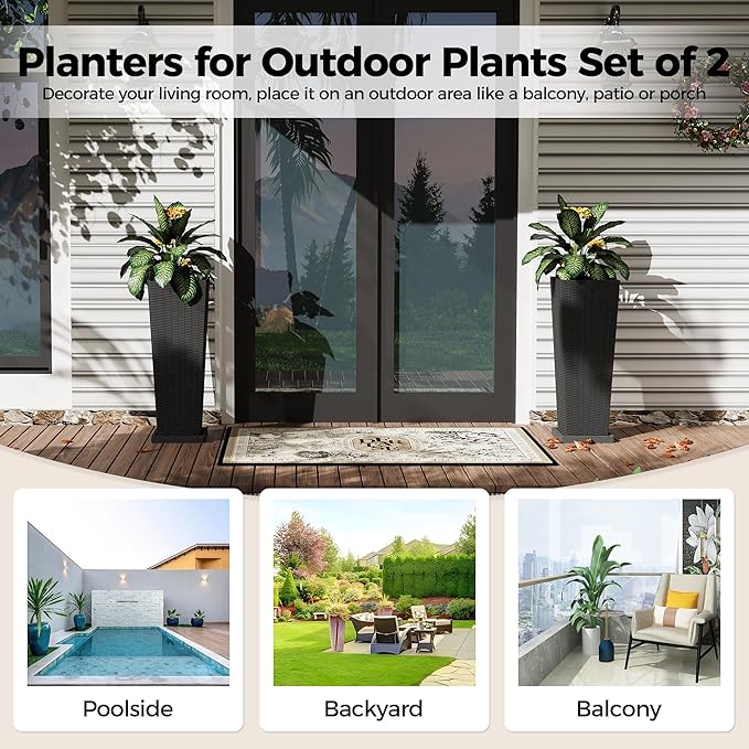 2 Pack Large Planters for Indoor Plants, Outdoor 24 inch Tall Planter with Removable Liners, Plant Pots for Trees Flowers, All-Weather Use with Drainage Holes & Saucers for Porch, Patio, Black