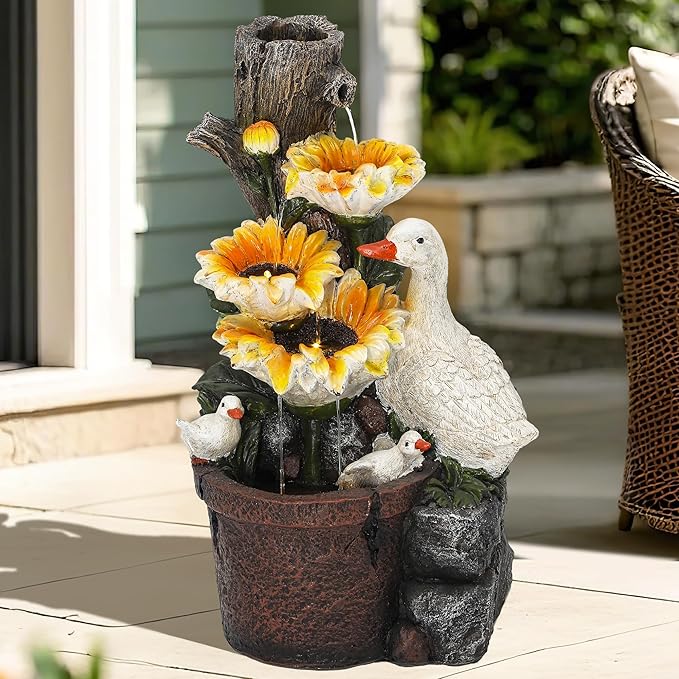 19" Water Fountain Indoor Outdoor, 4-Tier Sunflower & Duck Design with LED Lights and Cascading Waterfalls, Rustic Decor for Garden, Yard, Patio, Flowerbed & Farmhouse