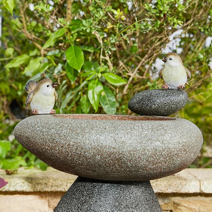 Glitzhome 20.75" H Water Fountain with LED Light and Pump, Zen Style Faux Stone Texture Birdbath Outdoor Fountains with Birds Decor, Floor Fountain for Porch Deck Patio Backyard