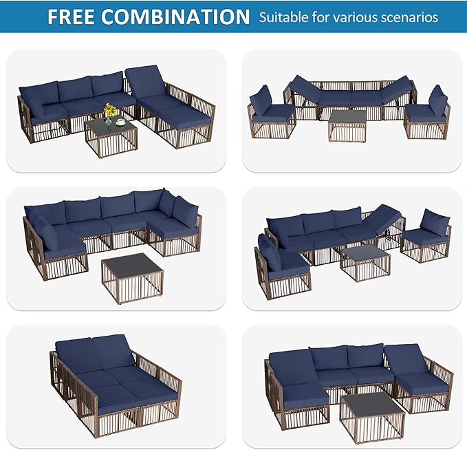 FHFO 7 Piece Patio Furniture Set, Outdoor Wicker Sectional Sofa Conversation Set Couch with Adjustable Backrest, Thick Cushion & Coffee Table for Garden, Porch, Poolside, Brown/Blue