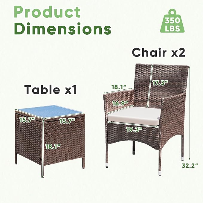 Greesum 3 Pieces Patio Dining PE Rattan Wicker Chair Furniture Set with Cushion and Glass Coffee Table for Outdoor Garden Backyard Poolside, Brown and Beige