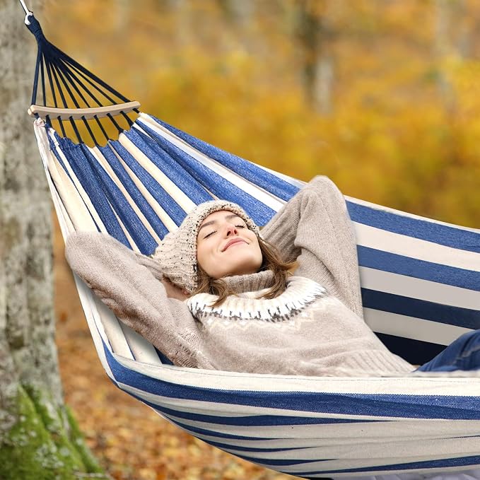 Anyoo Garden Cotton Hammock Comfortable Fabric Hammock with Spreader Bar Sturdy Hammocks Up to 450lbs Portable Lightweight Hammocks with Travel Bag for Camping Outdoor/Indoor Patio Backyard - Image 7