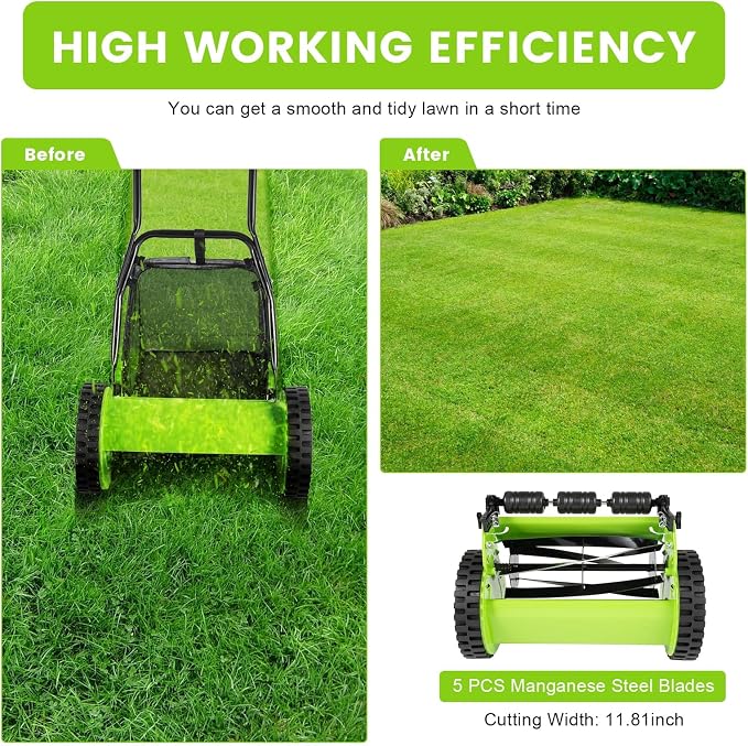 5-Blade Dual Wheel Lawn Mower 12" Push Reel Lawn Mower,Manual Push Reel Garden Cutter Grass Cutting Machine,Walk Behind Lawn Mower with 23L Collection Bag,Adjustable Height - Image 7