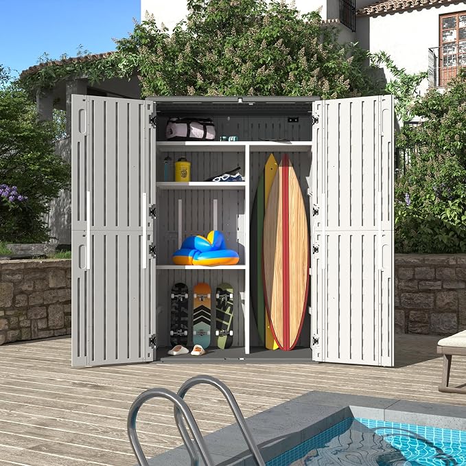 Aoxun Outdoor Resin Storage Shed with Metal Shelving Kit & Floor, 64 Cu.Ft Vertical Waterproof Storage Cabinet for Garage, Pool, Bike, Garden Tools, Patio Furniture (White) - Image 8