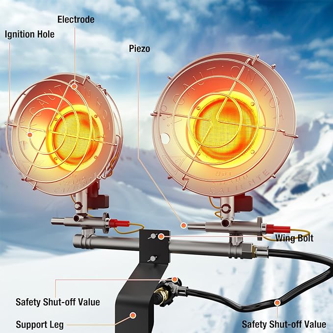 Buyplus Propane Heater - 30000BTU Outdoor Propane Heater with 3 Heating Modes, Safety Shut-off Valve & Tip-over Switch, Double Tank Top Tent Heaters for Outdoor Camping, Party,Red(Fuel not included)
