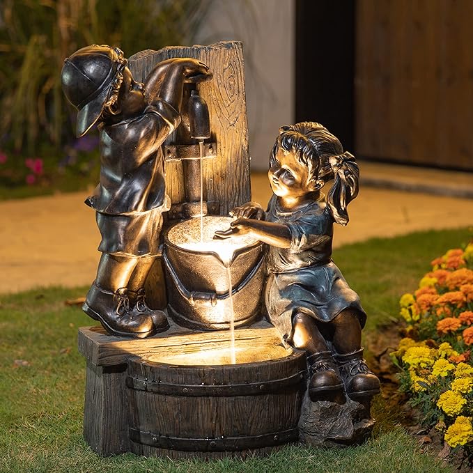 Glitzhome Outdoor Water Fountain with LED Light, Children Playing with Faucet Waterfall Fountains, Antique Bronze Resin Boy and Girl Statue Outdoor Waterfall Fountain for Patio Backyard Garden, 25”H